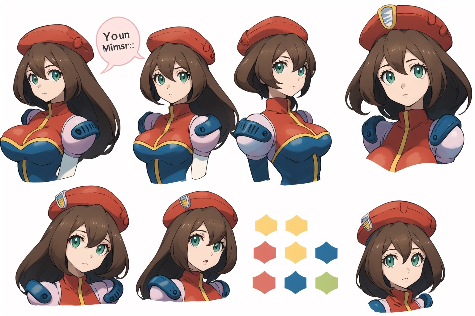 multiple views, Model sheet, masterpiece, best quality, looking at viewer, sugimori ken \(style\), {big milkers} (full body), 1girl,  {{{ iris_megamanx, 1girl, solo, android, long hair, breasts, brown hair, hat, green eyes, white gloves, beret, white footwear, }}}, semi-nude, mom and daughter, 1girl, {White background} <<big milkers>> SMAce, masterpiece, best quality, , masterpiece, {{illustration}}, {best quality}, {{hi res}},Carina,iris_megamanx