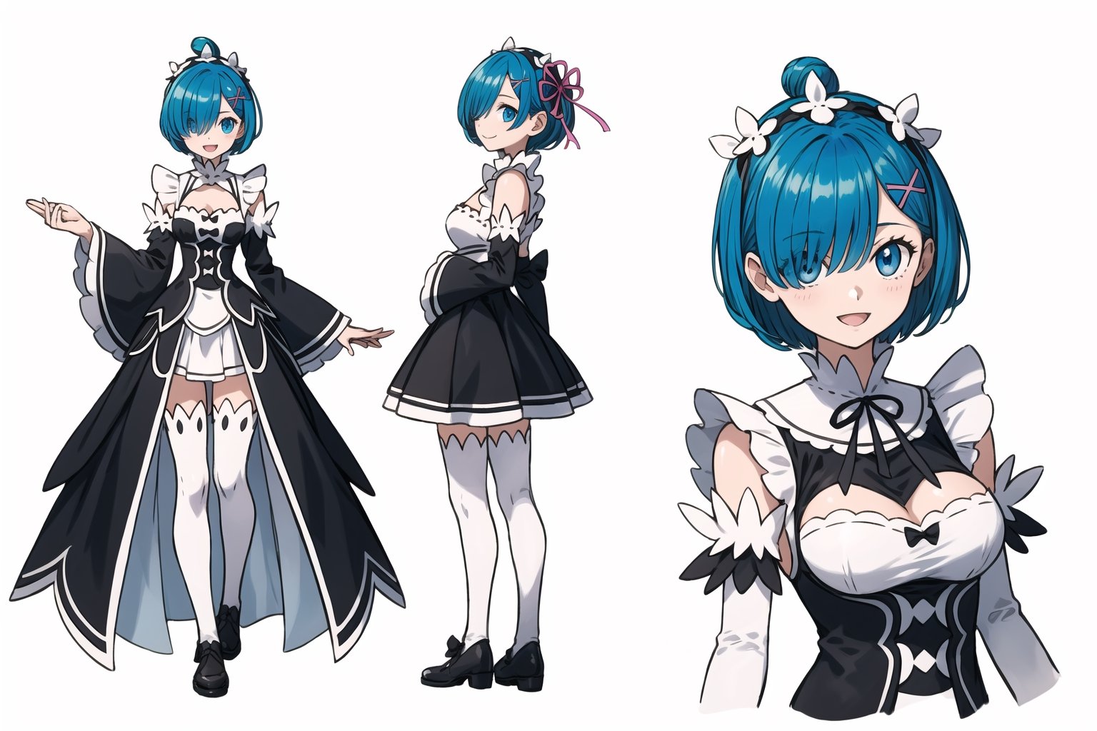 multiple views, Model sheet, masterpiece, best quality, looking at viewer, sugimori ken \(style\), {big milkers} (full body), 1girl,  {{{  roswaal mansion maid uniform, rem (re:zero), breasts, blue hair,Shiny smile, solo, hair over one eye, blue eyes, short hair, maid, cleavage, hair ornament, x hair ornament, (jumping),rises both legs,looking at viewer, detached sleeves, smile, open mouth, ribbon, pink ribbon, hair ribbon }}}, semi-nude, mom and daughter, 1girl, {White background} <<big milkers>> SMAce, masterpiece, best quality, , masterpiece, {{illustration}}, {best quality}, {{hi res}},tashigi,glasses,AGE REGRESSION