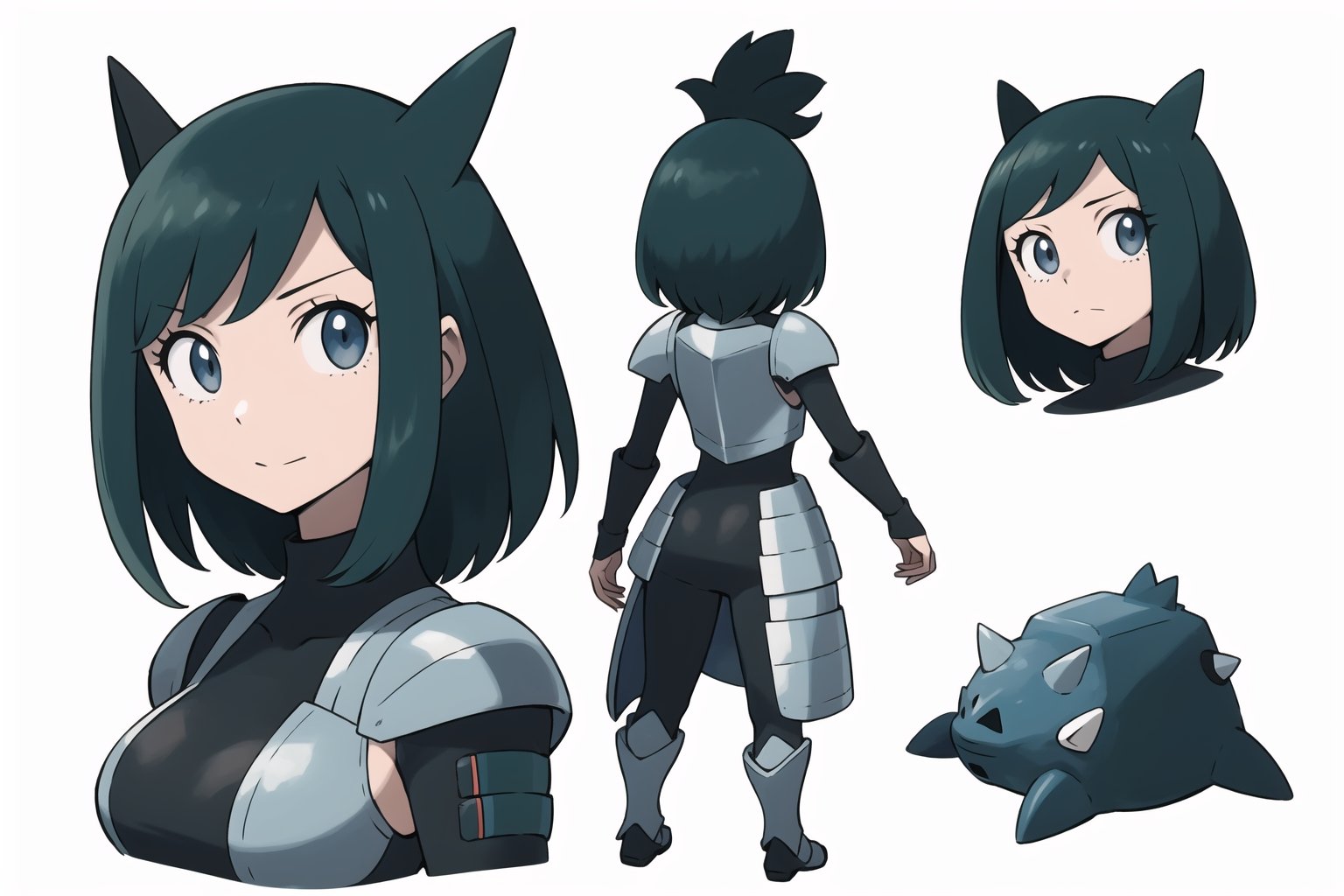 multiple views, Model sheet, masterpiece, best quality, looking at viewer, sugimori ken \(style\), {big milkers} (full body), 1girl,  {{{grey rock armor, plate armor}}}, semi-nude, mom and daughter, 1girl, {White background} <<big milkers>>Rhyhorn, Inko Midoriya,  rock rhino, Rhyhorn, Ground type, InkoMidoriya, 