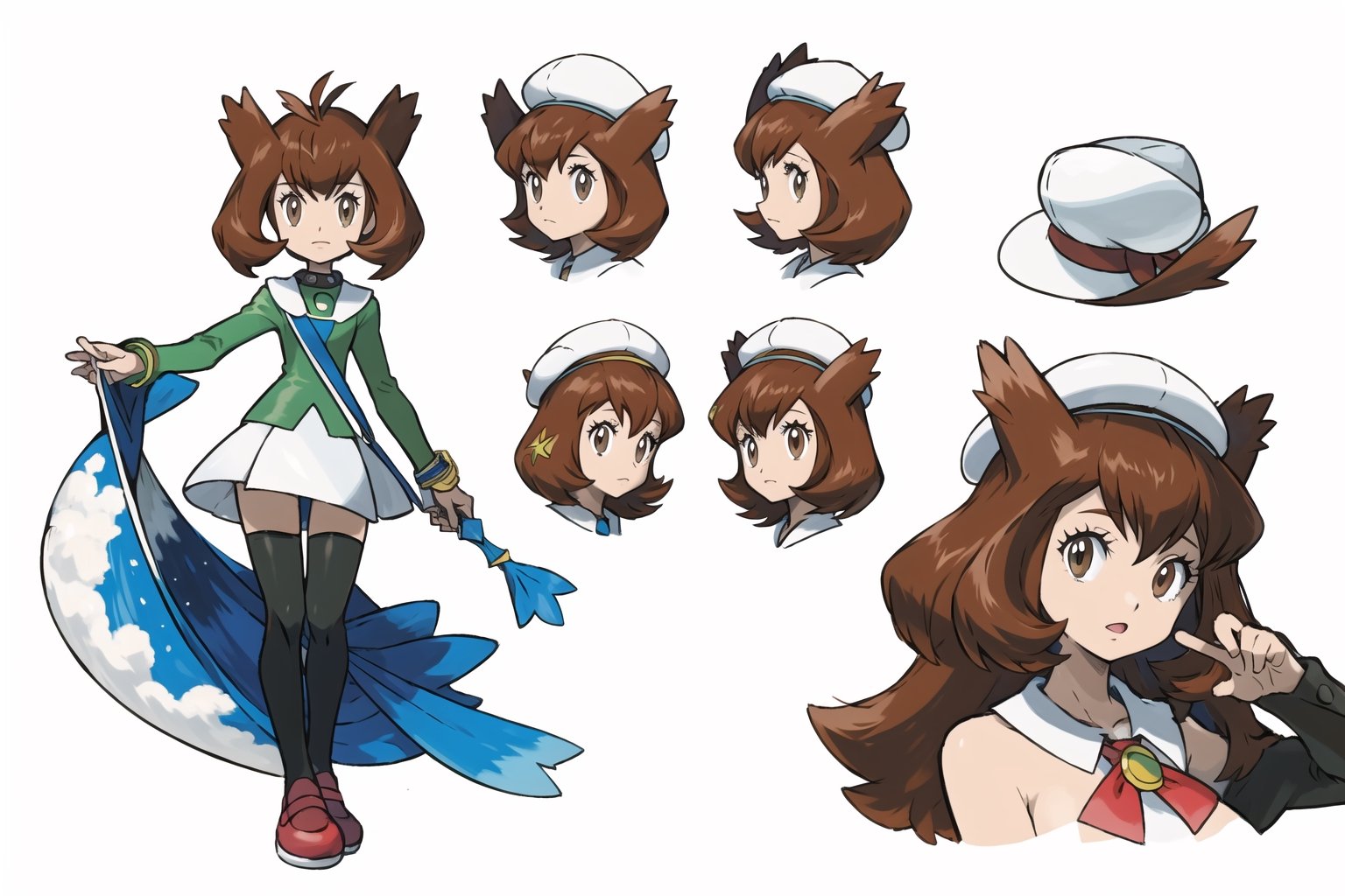 multiple views, Model sheet, masterpiece, best quality, looking at viewer, sugimori ken \(style\), {big milkers} (full body), 1girl,  {{{ Bianca, alone, brown eyes, bangs, tree, green shirt, white skirt, makeup, wristwatch, hats }}}, semi-nude, mom and daughter, 1girl, {White background} <<big milkers>> SMAce, masterpiece, best quality, , masterpiece, {{illustration}}, {best quality}, {{hi res}},tashigi,glasses,AGE REGRESSION,kinomoto sakura,Cardcaptor_Sakura,Bianca