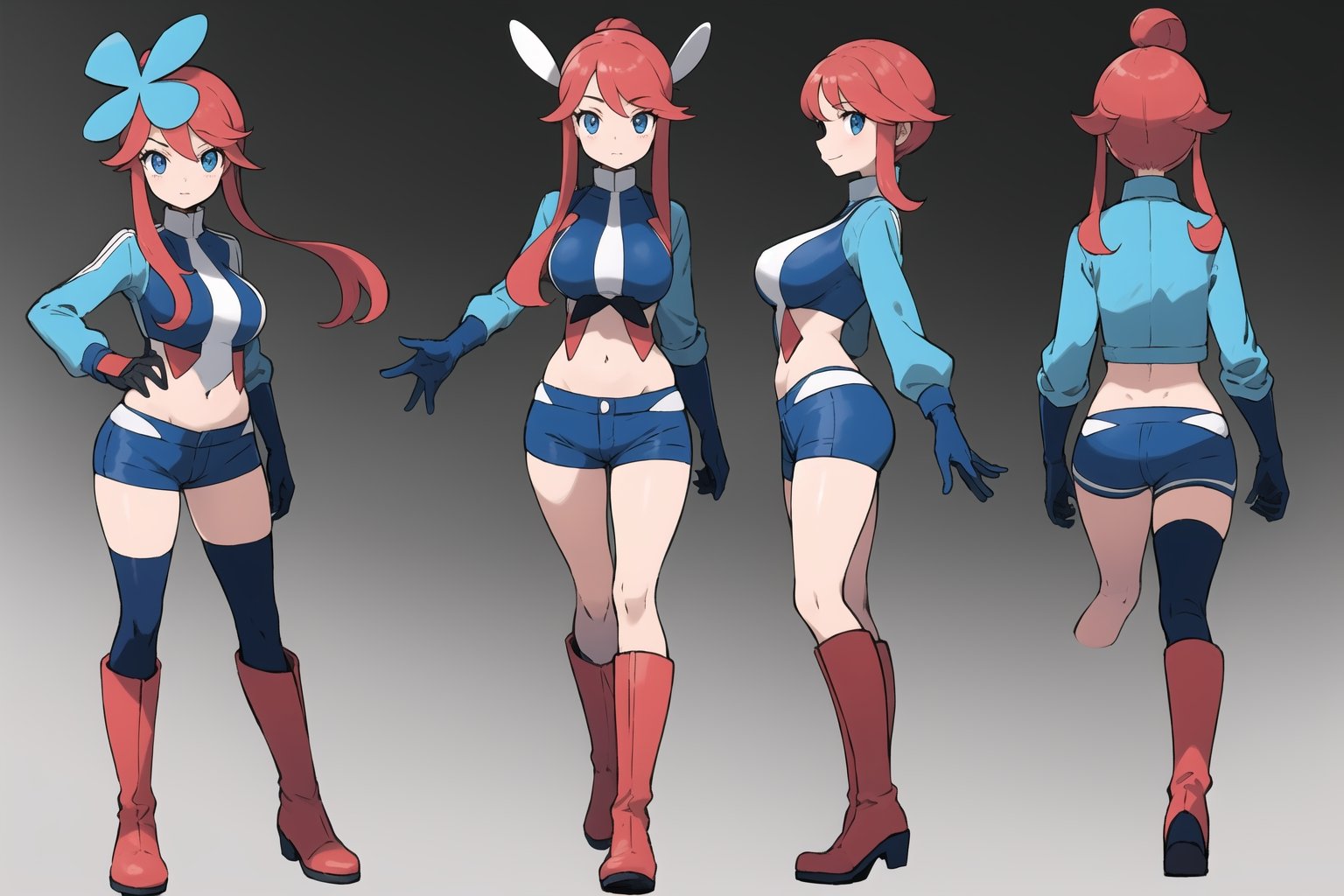 multiple views, Model sheet, masterpiece, best quality, looking at viewer, sugimori ken \(style\), {big milkers} (full body), 1girl,  {{{(pokemonskyla, blue eyes, hair ornament, one side up, red hair, short hair with long locks, sidelocks,BREAK blue footwear, blue gloves, blue jacket, blue shorts, boots, crop top, cropped jacket, gloves, jacket, midriff, navel, short shorts, shorts, thigh pouch}}}, semi-nude, mom and daughter, 1girl, {White background} <<big milkers>> SMAce, masterpiece, best quality, , masterpiece, {{illustration}}, {best quality}, {{hi res}},Kanna Kamui 



