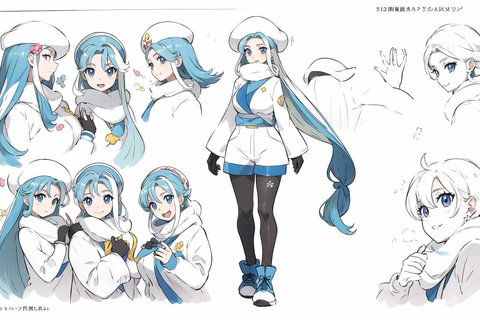 multiple views, Model sheet, masterpiece, best quality, looking at viewer, sugimori ken \(style\), {big milkers} (full body), 1girl,  {{{ pokemonmelony, blue eyes, eyelashes, long hair, multicolored hair, highlighted hair, gray hair, (large breasts:1.2), open mouth, smile, BREAK earrings, gloves, hat, jewelry, long sleeves, pantyhose, pantyhose under the shorts, scarf, shorts, single glove, snowflakes, sweater, white hat, white scarf, white sweater,  }}}, semi-nude, mom and daughter, 1girl, {White background} <<big milkers>> SMAce, masterpiece, best quality, , masterpiece, {{illustration}}, {best quality}, {{hi res}},tashigi,glasses,AGE REGRESSION,kinomoto sakura,Cardcaptor_Sakura,Bianca