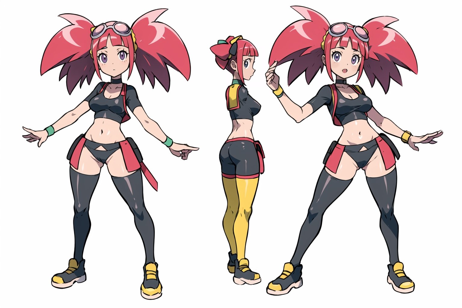 multiple views, Model sheet, masterpiece, best quality, looking at viewer, sugimori ken \(style\), {big milkers} (full body), 1girl, {{{Zoe Drake, 1girl, blush, bangs, navel, twintails, jewelry, purple eyes, pink hair, goggles, goggles on head, choker, abdomen, open clothing, thigh highs, crop top, open vest, shoes, wristband, black thighs, black crop top, yellow vest, panty stocking, vest over short top, thong}}}, semi-nude, mom and daughter, 1girl, {White background} <<big milkers>> SMAce, masterpiece, best quality, masterpiece, perfect hands, tight pants, thick thighs {{illustration}}, {best quality}, {{hi res}},mallow \(pokemon\)