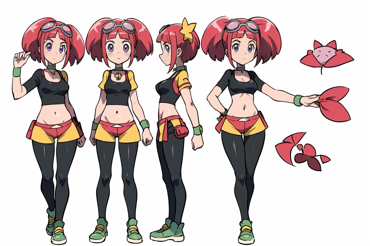 multiple views, Model sheet, masterpiece, best quality, looking at viewer, sugimori ken \(style\), {big milkers} (full body), 1girl, {{{Zoe Drake, 1girl, blush, bangs, navel, twintails, jewelry, purple eyes, pink hair, goggles, goggles on head, choker, abdomen, open clothing, thigh highs, crop top, open vest, shoes, wristband, black thighs, black crop top, yellow vest, panty stocking, vest over short top, thong, cute dinosaur plush}}}, semi-nude, mom and daughter, 1girl, {White background} <<big milkers>> SMAce, masterpiece, best quality, masterpiece, perfect hands, tight pants, thick thighs {{illustration}}, {best quality}, {{hi res}},mallow \(pokemon\)