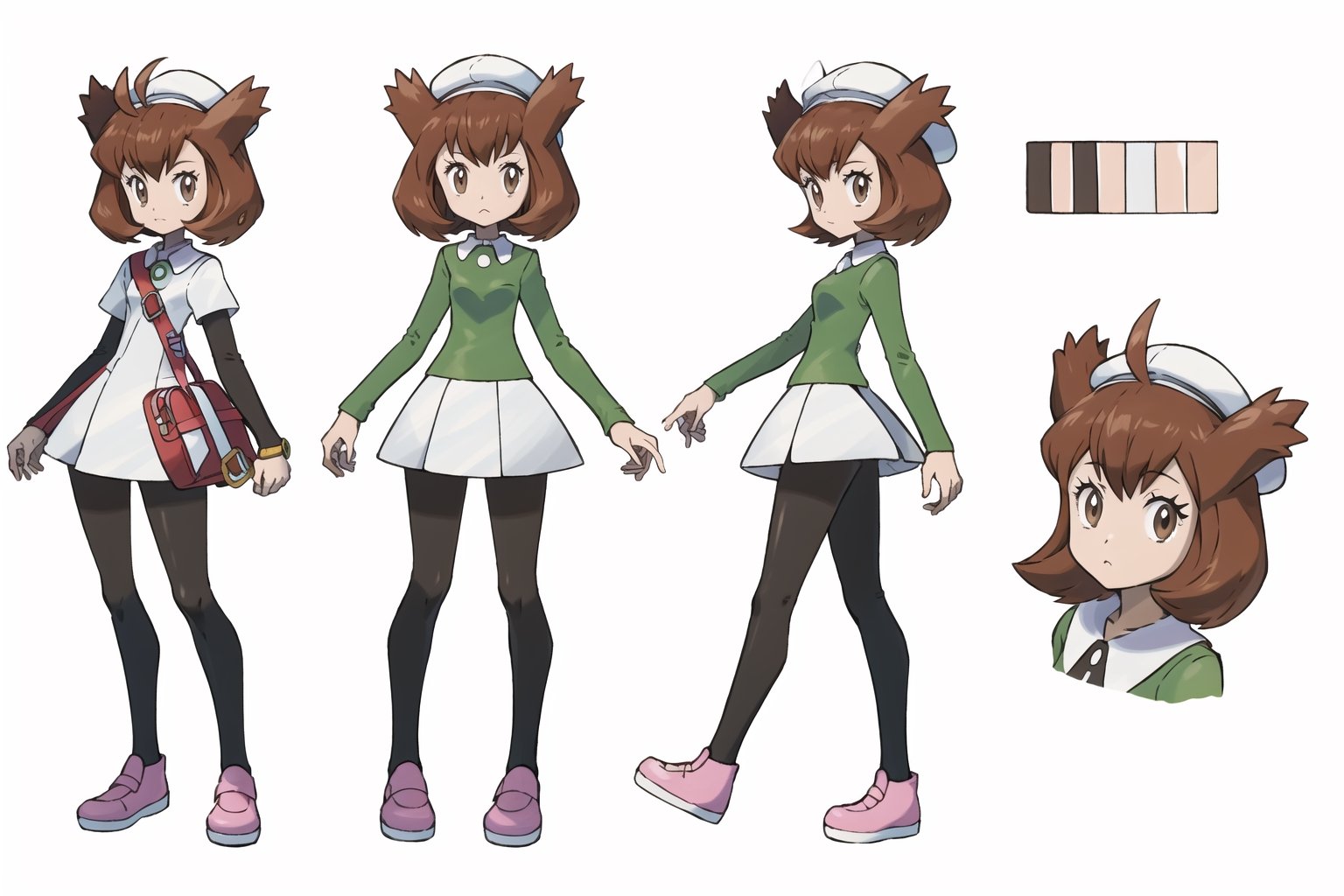 multiple views, Model sheet, masterpiece, best quality, looking at viewer, sugimori ken \(style\), {big milkers} (full body), 1girl,  {{{ Bianca, alone, brown eyes, bangs, tree, green shirt, white skirt, makeup, wristwatch, hats }}}, semi-nude, mom and daughter, 1girl, {White background} <<big milkers>> SMAce, masterpiece, best quality, , masterpiece, {{illustration}}, {best quality}, {{hi res}},tashigi,glasses,AGE REGRESSION,kinomoto sakura,Cardcaptor_Sakura,Bianca