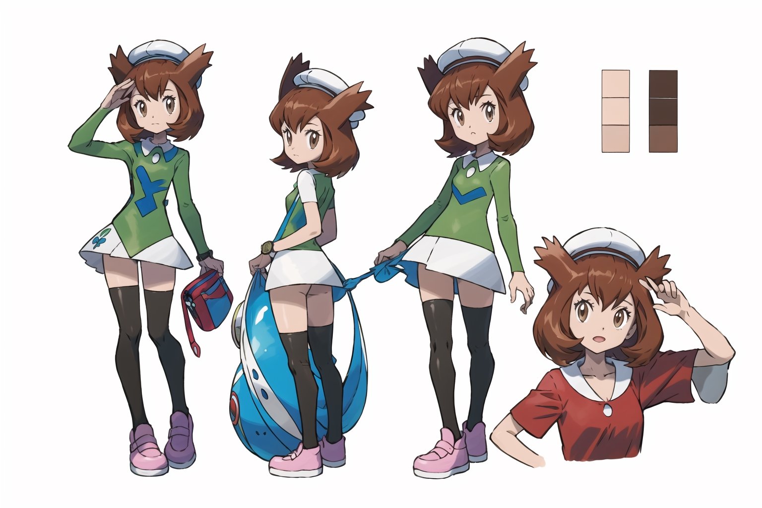 multiple views, Model sheet, masterpiece, best quality, looking at viewer, sugimori ken \(style\), {big milkers} (full body), 1girl,  {{{ Bianca, alone, brown eyes, bangs, tree, green shirt, white skirt, makeup, wristwatch, hats }}}, semi-nude, mom and daughter, 1girl, {White background} <<big milkers>> SMAce, masterpiece, best quality, , masterpiece, {{illustration}}, {best quality}, {{hi res}},tashigi,glasses,AGE REGRESSION,kinomoto sakura,Cardcaptor_Sakura,Bianca