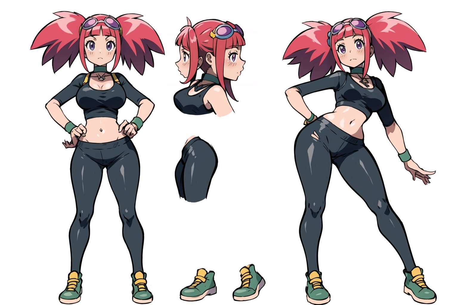 multiple views, Model sheet, masterpiece, best quality, looking at viewer, sugimori ken \(style\), {big milkers} (full body), 1girl, {{{Zoe Drake, 1girl, blush, bangs, navel, twintails, jewelry, purple eyes, pink hair, goggles, goggles on head, choker, abdomen, open clothing, thigh highs, crop top, open vest, shoes, wristband, black thighs, black crop top, yellow vest, panty stocking, vest over short top, thong}}}, semi-nude, mom and daughter, 1girl, {White background} <<big milkers>> SMAce, masterpiece, best quality, masterpiece, perfect hands, tight pants, thick thighs {{illustration}}, {best quality}, {{hi res}},mallow \(pokemon\)