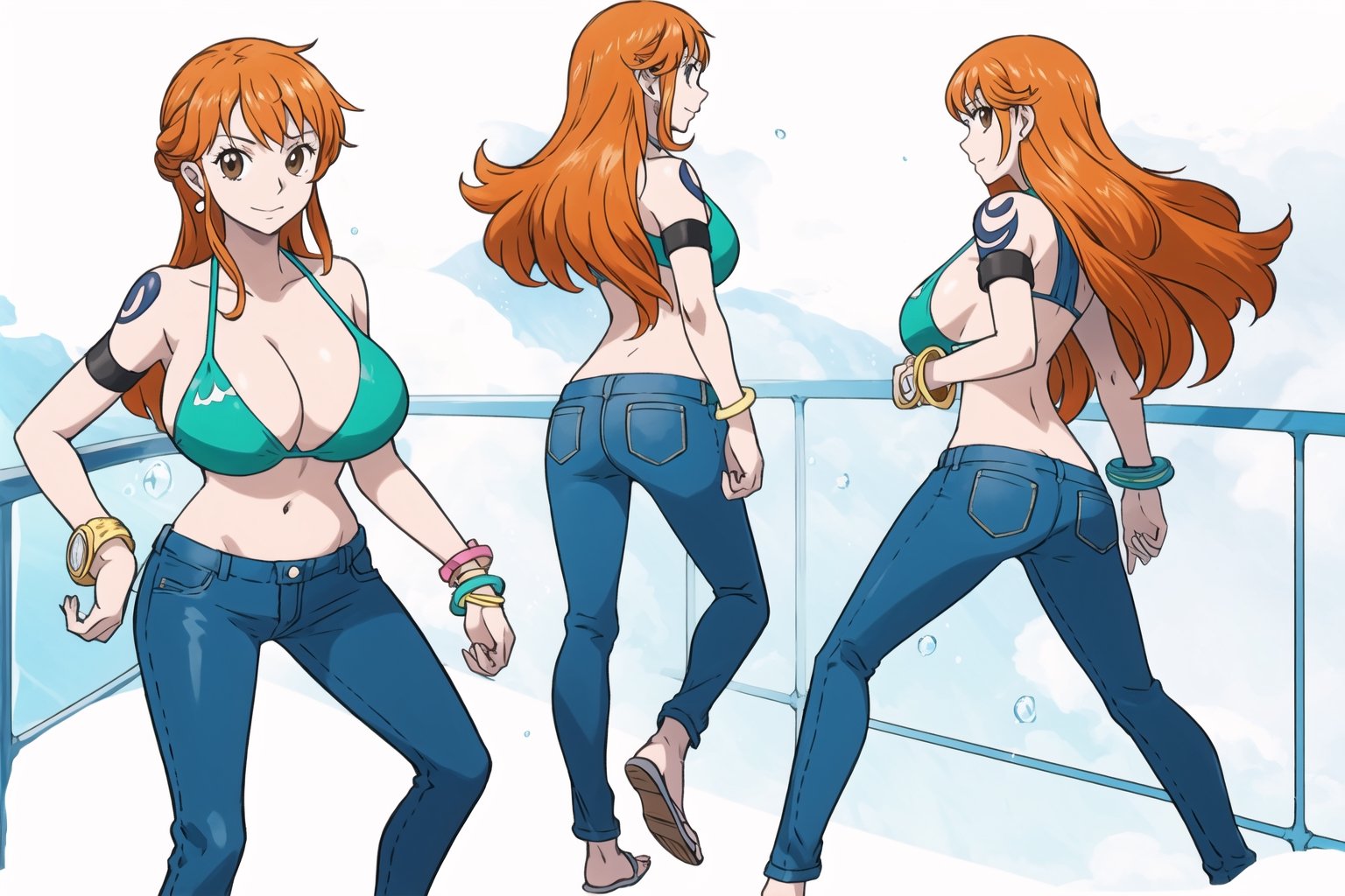 multiple views, Model sheet, masterpiece, best quality, looking at viewer, sugimori ken \(style\), {big milkers} (full body), 1girl,  {{{ nami, 1 girl, alone, long hair, breasts, big breasts, navel, holding, cleavage, brown eyes, jewelry, closed mouth, swimsuit, bikini, earrings, outdoors, abdomen, pants, stomach, orange hair, bracelet , tattoo, denim, bikini_top_only, fish, pants, underwater, railing, blue pants, armband, arm tattoo, boat, bikini_green, shoulder tattoo, post  }}}, semi-nude, mom and daughter, 1girl, {White background} <<big milkers>> SMAce, masterpiece, best quality, , masterpiece, {{illustration}}, {best quality}, {{hi res}},