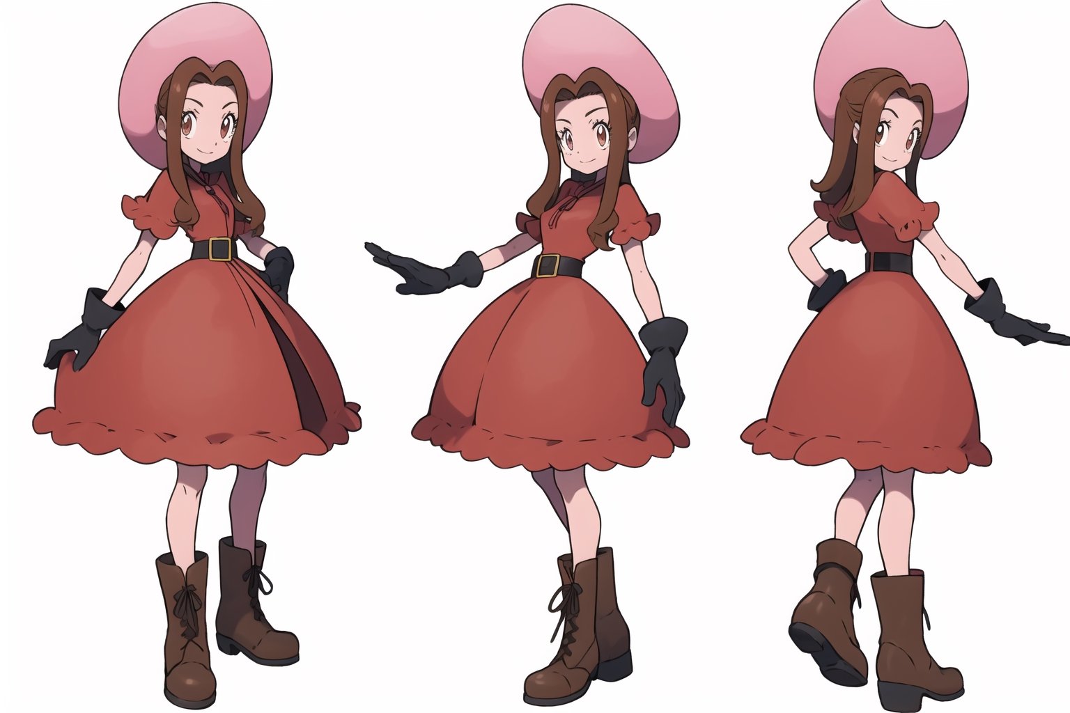 multiple views, model sheet, masterpiece, best quality, facing viewer, sugimori ken \(style\), {big milkers} (full body), 1 girl, {{{ cowgirl hat, pink dress, ruffle dress with string strips, leather belt, women's boots, leather gloves, cactis pokemon}}}, mom and daughter, 1 girl, {White background} <<big milkers>> ,Tachikawa Mimi