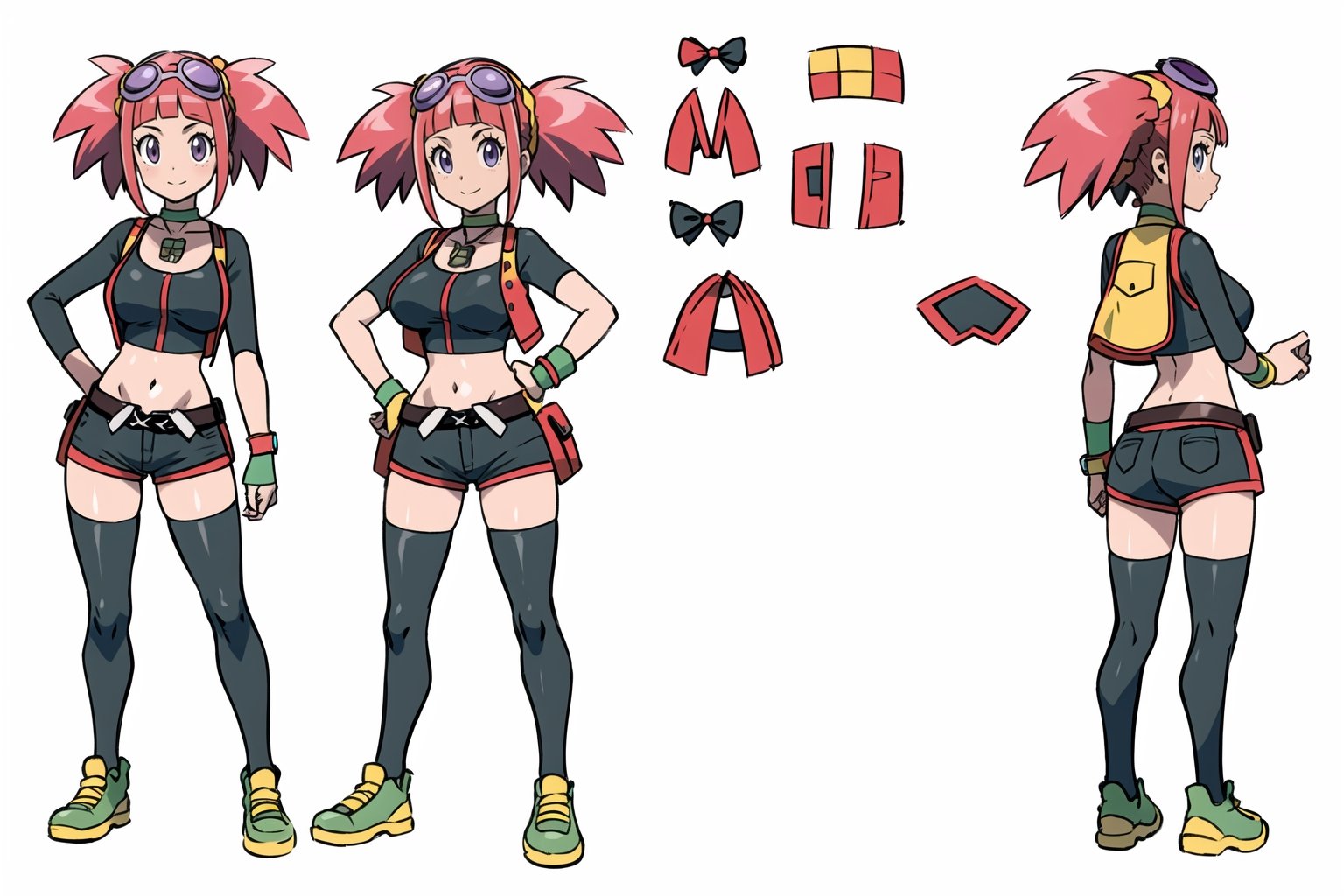 multiple views, Model sheet, masterpiece, best quality, looking at viewer, sugimori ken \(style\), {big milkers} (full body), 1girl, {{{Zoe Drake,1girl, blush, bangs, navel, twintails, jewelry, purple eyes, pink hair, goggles, goggles on head,choker, midriff, open clothes, thighhighs, crop top, open vest, shorts, shoes, belt, wristband,black thighhighs, black crop top, yellow vest, yellow shorts, green shoes, vest over crop top,  }}}, semi-nude, mom and daughter, 1girl, {White background} <<big milkers>> SMAce, masterpiece, best quality, masterpiece, perfect hands, tight pants, thick thighs {{illustration}}, {best quality}, {{hi res}},mallow \(pokemon\)