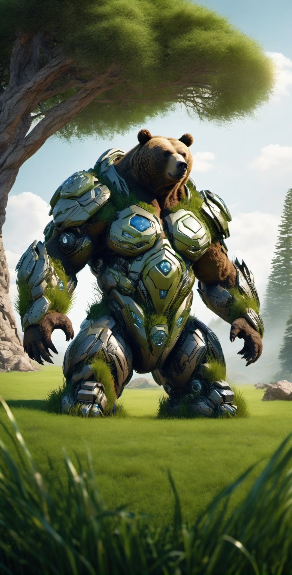 full body shot, (((((bear-like earth elemental hybrid))))) with ((((earth golem head)))), (((((soil skin))))), (((soil body))), (((((small lush grass on body))))), ((fighting pose)), (earth armor), cyborg style,cyborg style