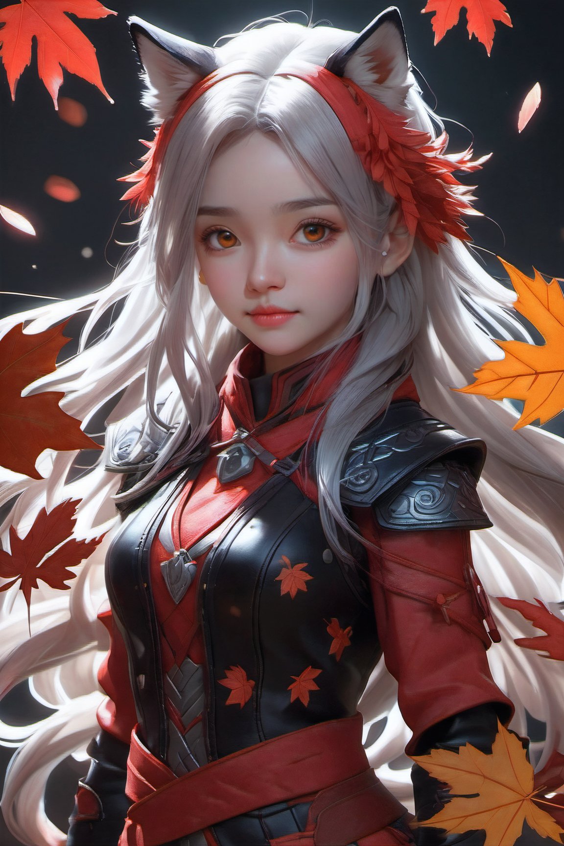 (black background: 1.4), original, (illustration: 1.1), (best quality), (masterpiece: 1.1), (color: 0.9), (medium lens: 1.4), full body, character concept art, clear and sharp focus, interior, looking at the audience, ((beautiful)), chibi wolf, lively pose, red ninja outfit, fall vibe, falling leaves