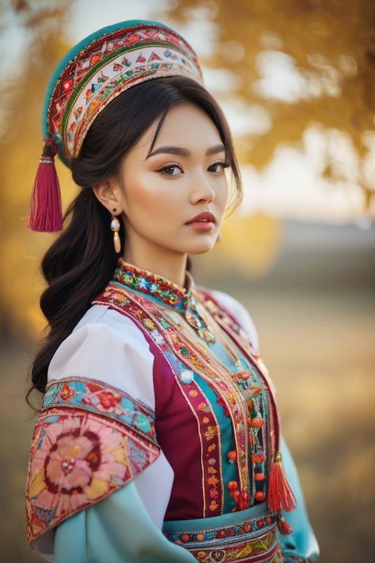 matte portrait of pretty Kazakhstan girl wearing traditional costume