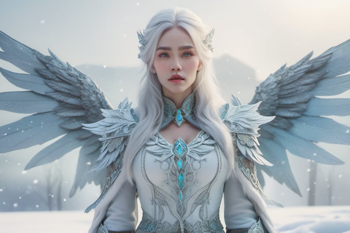 light opal armor!!! long wild white hair!! covered chest!!! frost wings!!! fantasy, ethereal, mist, snow, d & d, perfect hands, intricate ornate details, symmetry