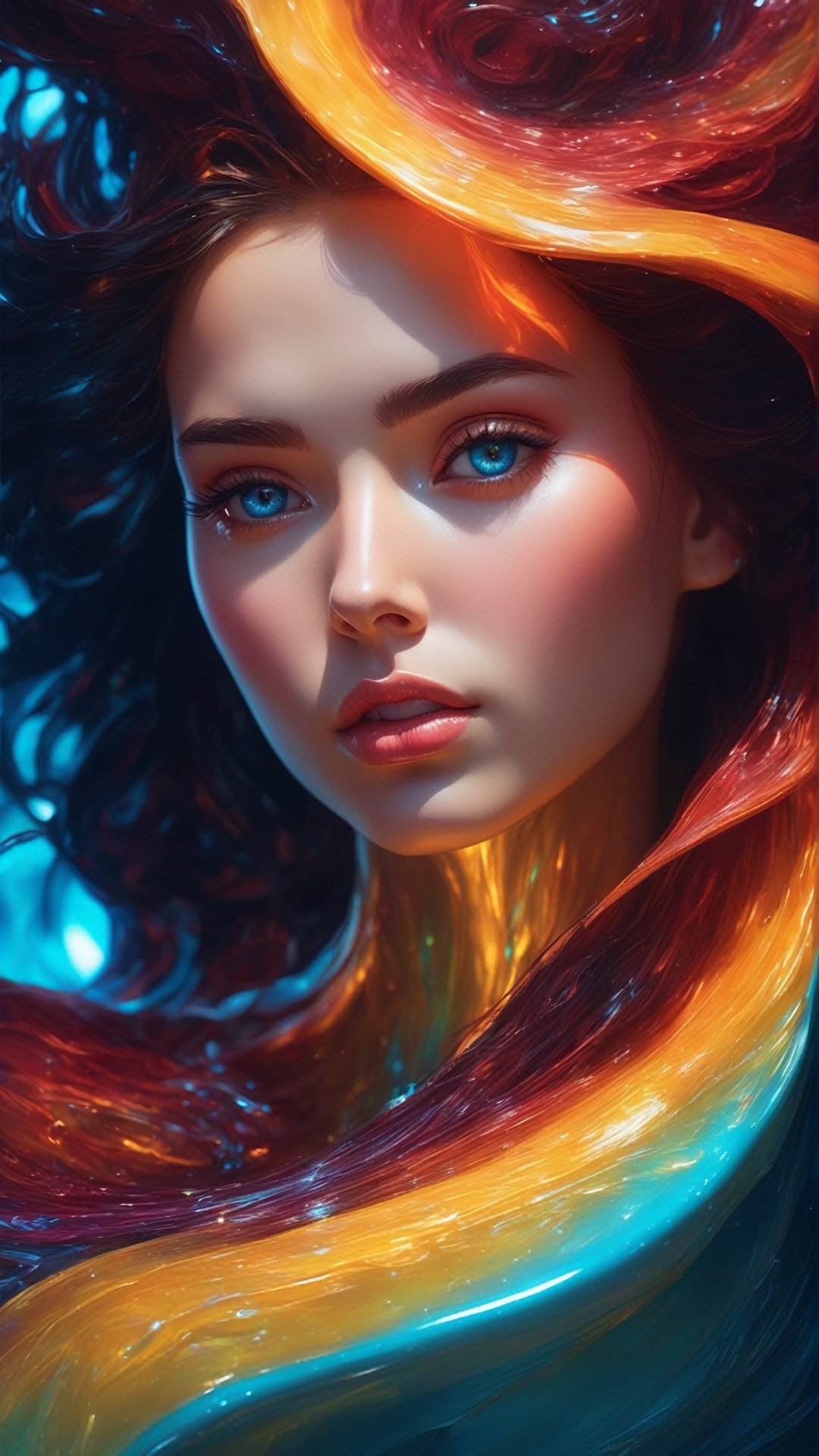 ultra detailed artistic abstract photography of liquid lust, detailed captivating eyes on molten statue, asymmetrical, gooey liquid hair, color exploding lips, highly refractive skin, Digital painting, colorful, volumetric lighting, 8k, by Cyril Rolando, by artgerm, Trending on Artstation, 16k resolution, 300 dpi, 600 dpi, 4k, Contest winner, High definition, detailed, realistic, 8k uhd, high quality,  subsurface scattering, translucent skin, glow, bloom, Bioluminescent liquid, vibrant,Leonardo Style