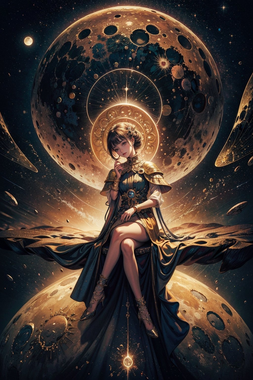 detailed shot,complex background,1girl,wearing detailedoutfit, masterpiece, highly detailed, in space sitting,glowing particlesall around,circular background,vast,moon