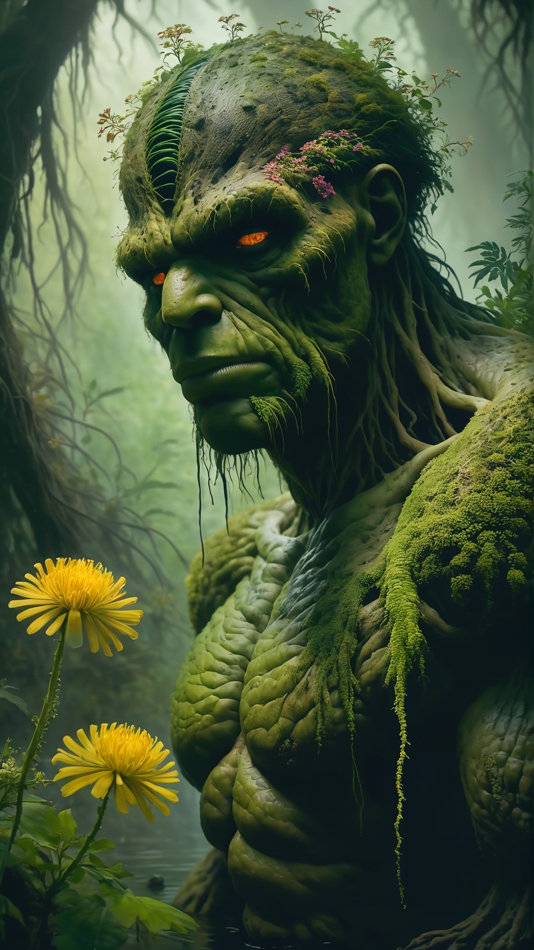 art by (apterus:1.3). cowboy shot of (((The Swamp Thing))) overgrown with vegetation and flowers. Amazing anatomy, (fiery eyes), wood, leafs, cracks, moss, (apterus creepy anatomy:1.2), swampthing, dark mood, swamp, fog