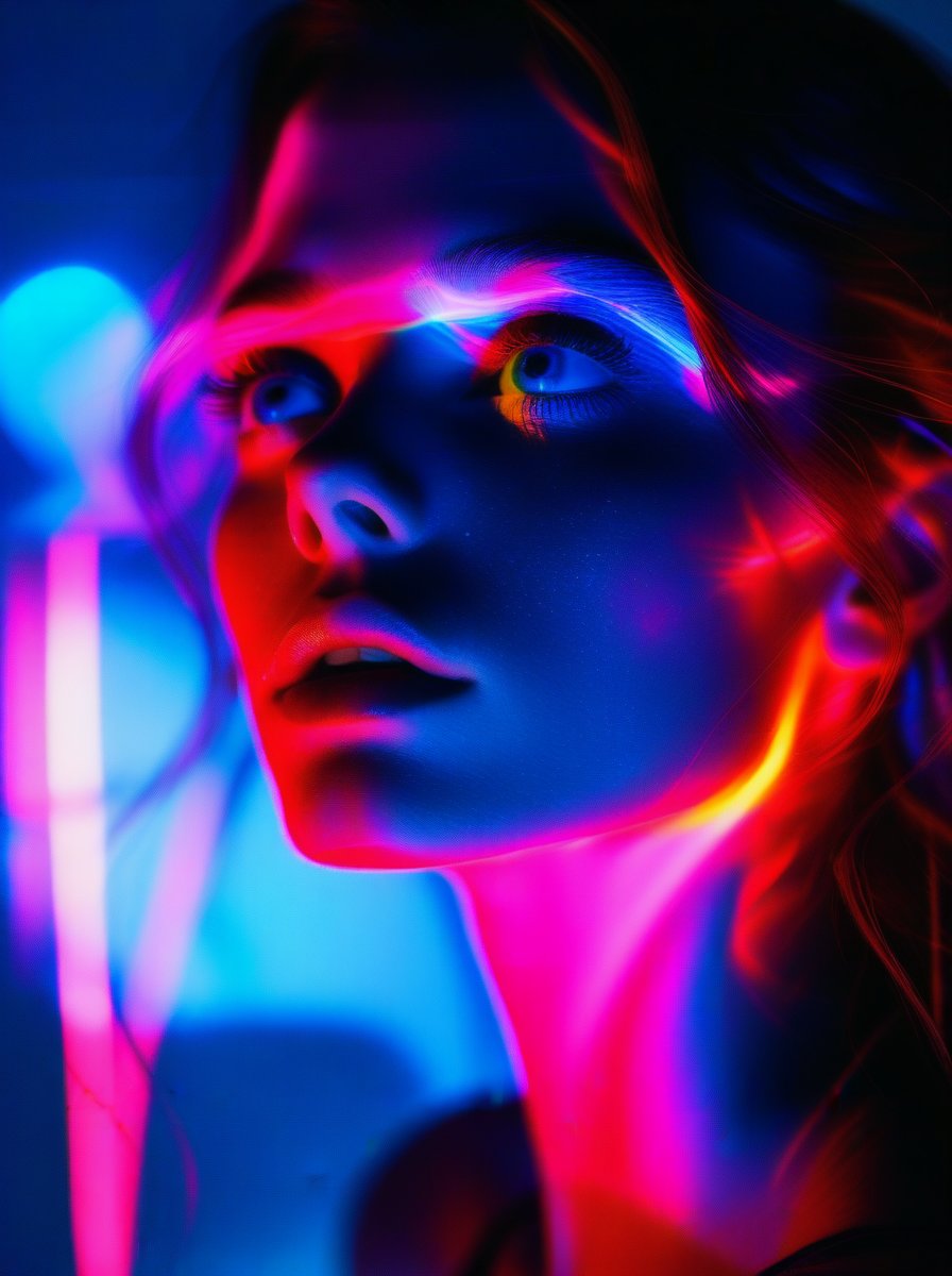 woman illuminated by vibrant electric hues, Reflections multiplying into infinity, Contemplative gaze towards the viewer, Shadows deep and stark, Subtle neon gradients, Ethereal glow on skin, Inner thoughts visualized as glowing symbols. Sharp contrasts between light and dark, film grain, Dreamlike atmosphere, Blurred boundaries between real and reflected