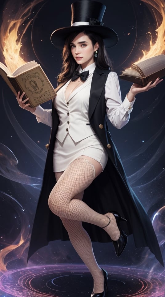 1 girl, full body, Zatanna, cute face, smile, black jacket, (black bowtie), (detailed white vest), fishnet, pantyhose, (top hat), (pale skin), colorful, Unknown terror, arcane, Around the magic ,magic surrounds ,magic rod, flying books, pages flying all over the sky, Know it all, Predicting the Future, Know the past, Infinite wisdom, blue flame, Warlock, Magical Circle, Pentagram, incantation, mantra, Singing magic, magical circle, circle, night background, JenniferConnelly