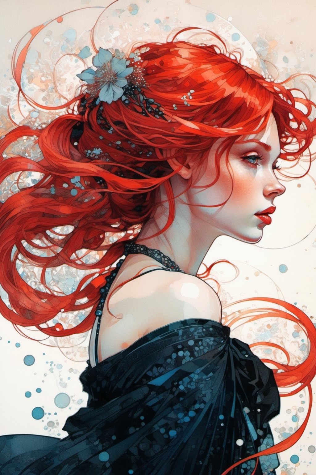 beautiful red haired girl, by Alphonse Mucha, Alice X. Zhang, Pascal Campion, intricate black pen illustration, hyper-detailed scribble art
