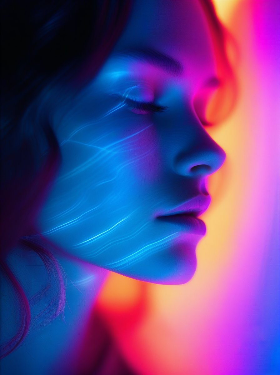 woman illuminated by vibrant electric hues, Reflections multiplying into infinity, Contemplative gaze towards the viewer, Shadows deep and stark, Subtle neon gradients, Ethereal glow on skin, Inner thoughts visualized as glowing symbols. Sharp contrasts between light and dark, film grain, Dreamlike atmosphere, Blurred boundaries between real and reflected