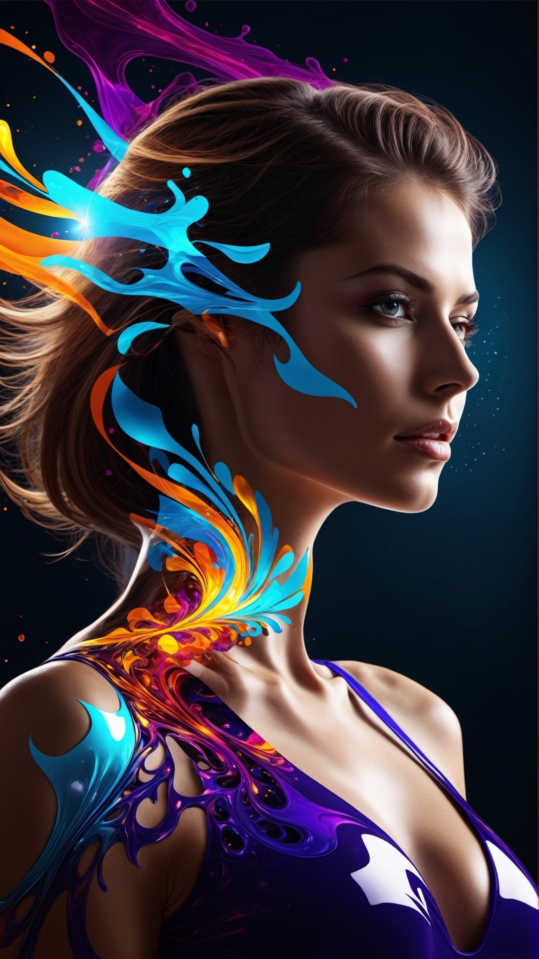 cinematic photo thin, fine fractal glossy vivid [explosion of colors] colored ink sketch shiny contours outlines of a perfect physique female silhouette 
 . 35mm photograph, film, bokeh, professional, 4k, highly detailed