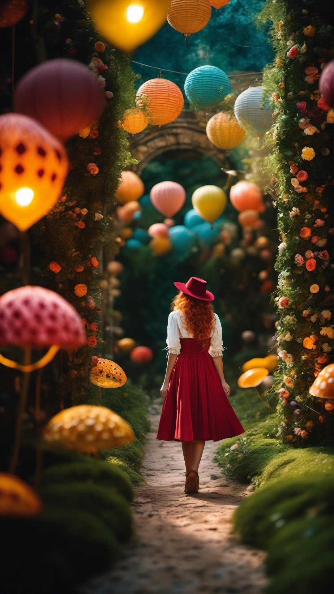 cinematic photo Arcane,  Abdul Djalil Pirous, 1girl, Alice in Wonderland, redhead, wandering in Enchanted Garden, beautiful,  whimsical wonderland with oversized flowers, talking animals, hidden pathways, swirling lights:1.2, light particles:0.9,life-like, Incorporates vibrant colors, unusual plant arrangements, and fantastical creatures, texture, masterpiece, great art, high quality, best quality, highly detailed, 8k, wide shot, panorama, (Bottom view:1.1), Kodachrome,1970s,(8k, RAW photo, highest quality), eye focus, close up,sharp focus,(detailed eyes:0.8), (masterpiece,best quality:1.5) . 35mm photograph, film, bokeh, professional, 4k, highly detailed
