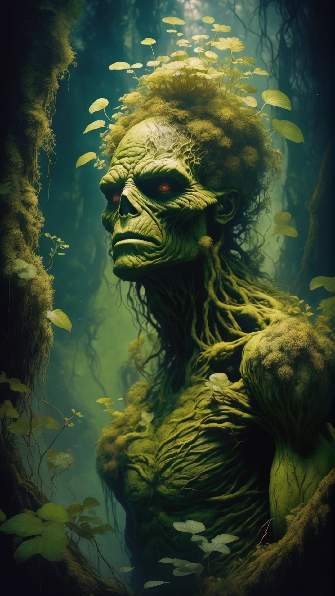 art by (apterus:1.3). shot from below of (((The Swamp Thing))) overgrown with vegetation moss and flowers. Amazing anatomy, (fiery eyes), wood, leafs, branches, bushes, cracks, moss, (apterus creepy anatomy:1.2), swampthing, dark mood, swamp, fog