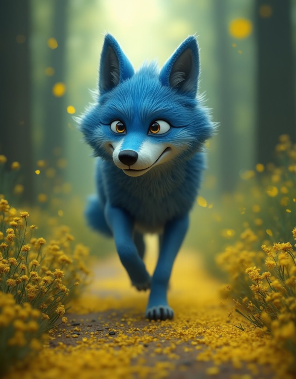 brave blue wolf in a road covered by mustard seeds. playfull, pixar style, masterpiece, small centered composition, product shot, wallpaper art, Rule of Thirds, delicate, lovable, best, dynamic composition, magnificent, intense, perfect background