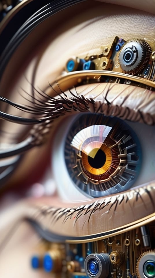 Macro photography of an eye, in which the Iris is being constructed by nanobots, nanotechnology, electronic circuitry, welding, wires, and the pupil of an eye is made of a robotic sensor, miki asai photo, high_res, cyborg style,steampunk style, gears, glass, optics, 