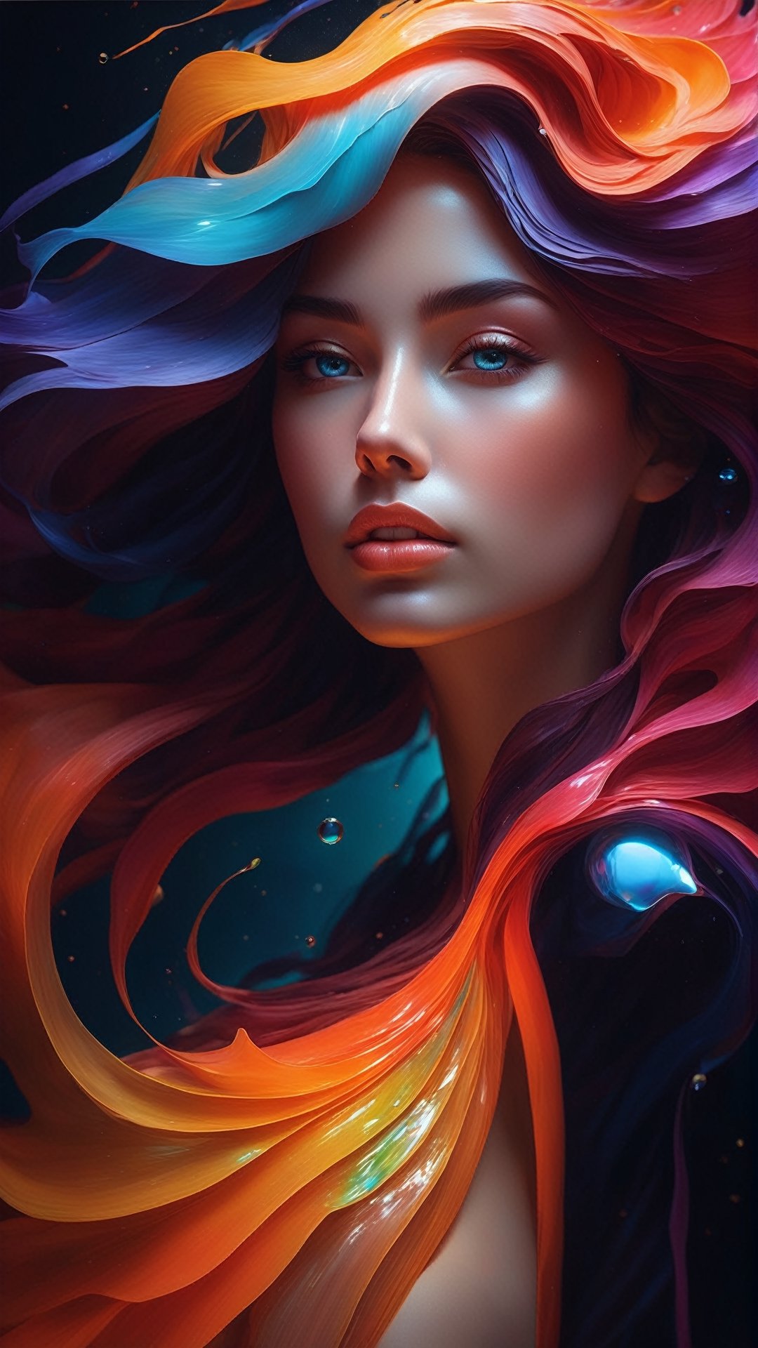 ultra detailed artistic abstract photography of liquid lust, detailed captivating eyes on molten statue, asymmetrical, gooey liquid hair, color exploding lips, highly refractive skin, Digital painting, colorful, volumetric lighting, 8k, by Cyril Rolando, by artgerm, Trending on Artstation, 16k resolution, 300 dpi, 600 dpi, 4k, Contest winner, High definition, detailed, realistic, 8k uhd, high quality,  subsurface scattering, translucent skin, glow, bloom, Bioluminescent liquid, vibrant,Leonardo Style