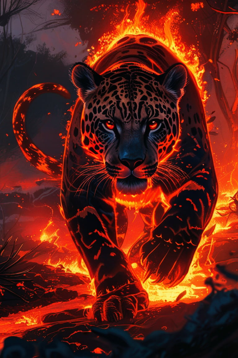 A giant brazilian jaguar with glowing red eyes, fur crackling with embers, and sharp, flaming claws. It stands poised to strike, its tail trailing a fiery path. The ground is a scorched wasteland, with molten lava pooling around the blackened rocks. Burned forrest at background. Full body shot.