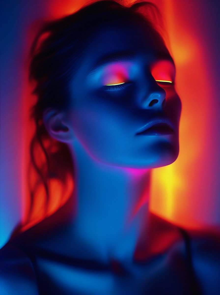 woman illuminated by vibrant electric hues, Reflections multiplying into infinity, Contemplative gaze towards the viewer, Shadows deep and stark, Subtle neon gradients, Ethereal glow on skin, Inner thoughts visualized as glowing symbols. Sharp contrasts between light and dark, film grain, Dreamlike atmosphere, Blurred boundaries between real and reflected