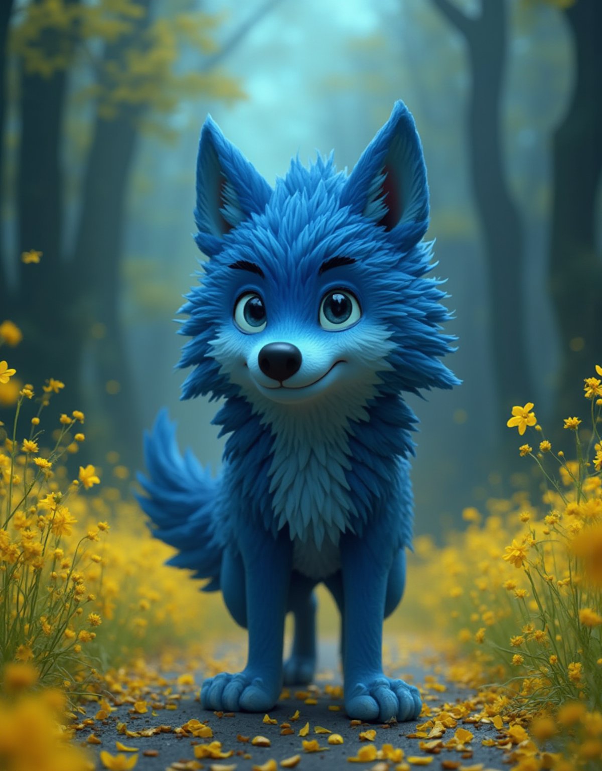 brave blue wolf in a road covered by mustard seeds. strong, bold, powerful, wise. pixar style, masterpiece, small centered composition, product shot, wallpaper art, Rule of Thirds, delicate, lovable, best, dynamic composition, magnificent, intense, perfect background