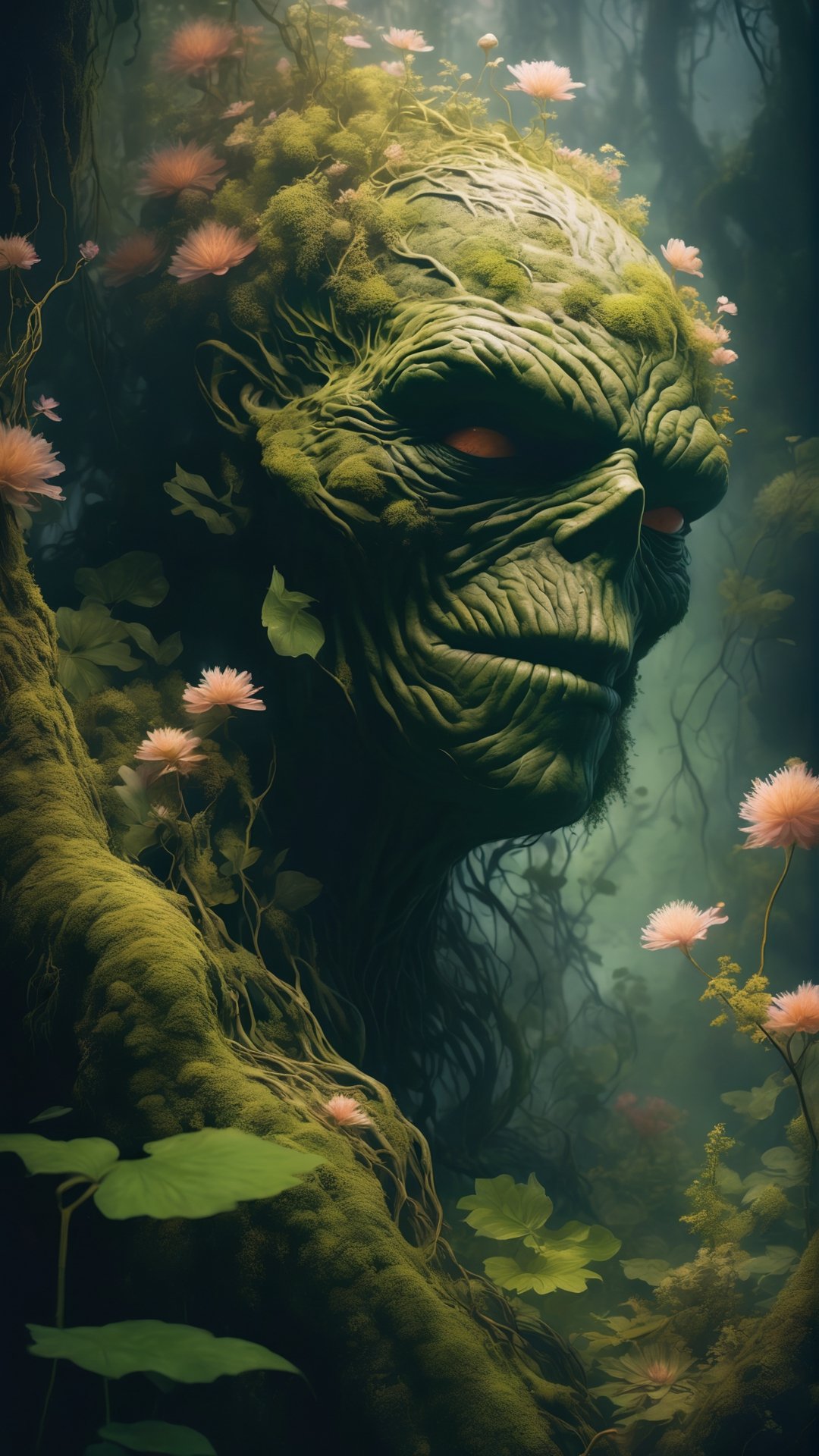art by (apterus:1.3). shot from below of (((The Swamp Thing))) overgrown with vegetation moss and flowers. Amazing anatomy, (fiery eyes), wood, leafs, branches, bushes, cracks, moss, (apterus creepy anatomy:1.2), swampthing, dark mood, swamp, fog