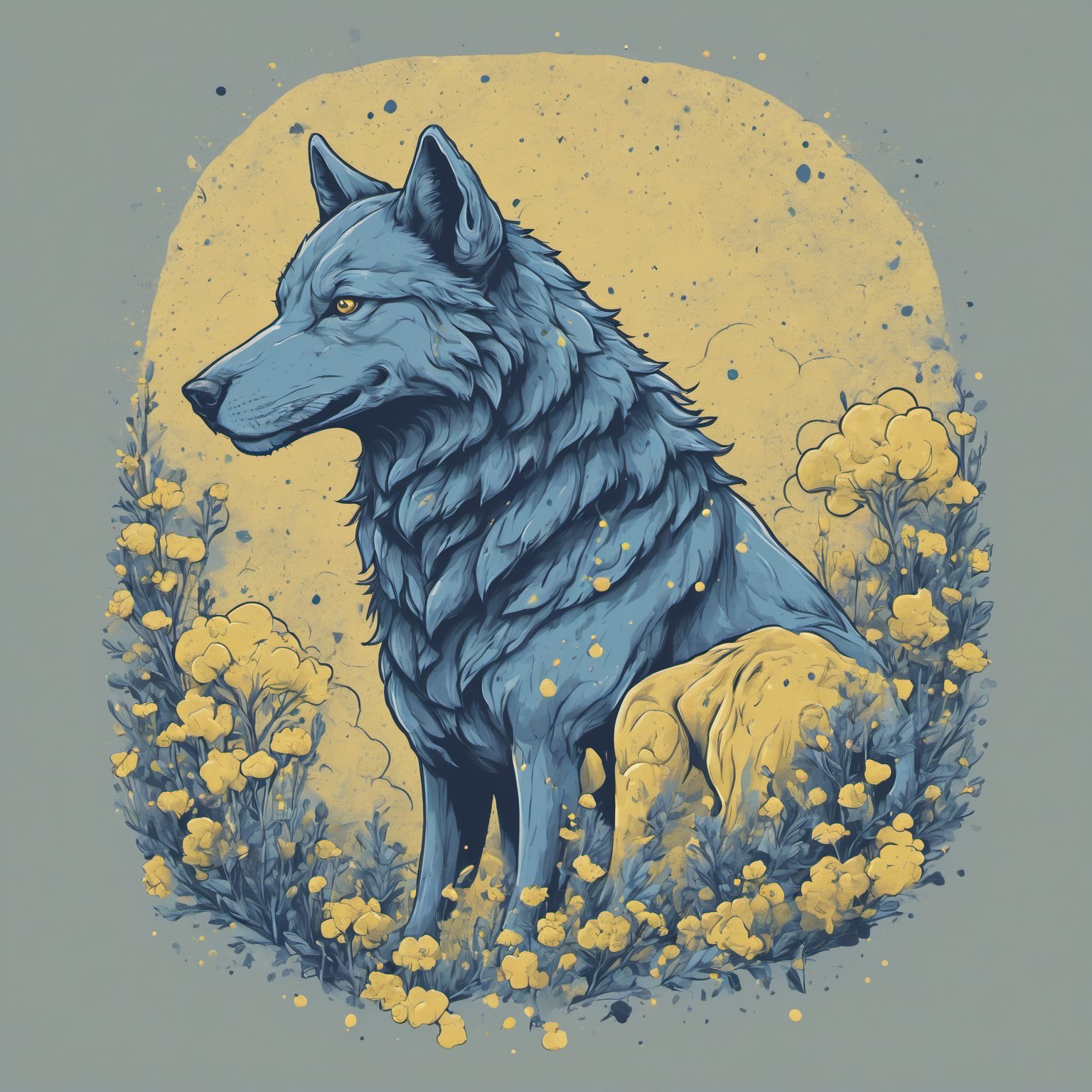 Create a t-shirt design that combines LEADERASHIP with a touch of whimsy. Illustration of of an blue wolf in a path covered by little mustard seeds. sharper, clean lines, outline, muted colors, minimum details, minimal detalled, tshirt design