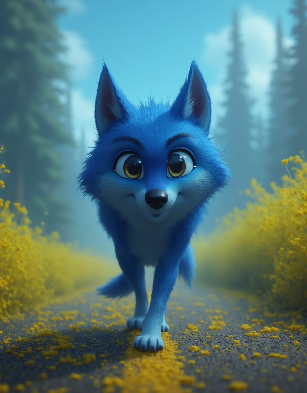 brave blue wolf in a road covered by mustard seeds. pixar style, masterpiece, small centered composition, product shot, wallpaper art, Rule of Thirds, delicate, lovable, best, dynamic composition, magnificent, intense, perfect background