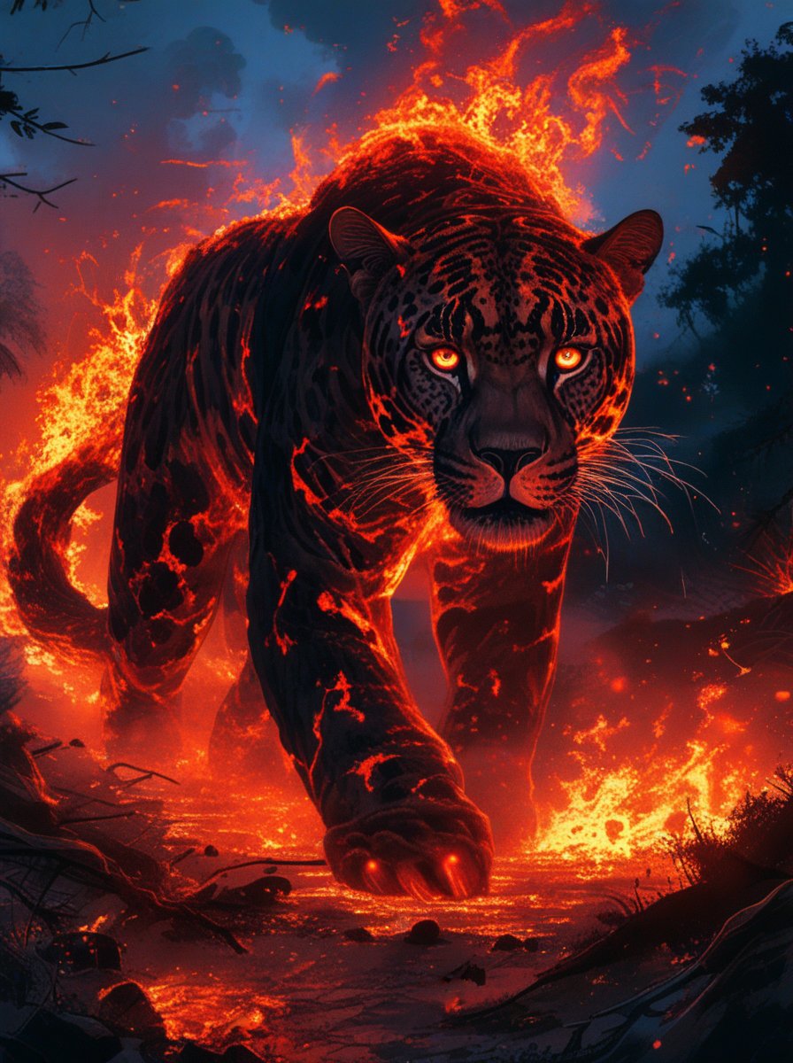 A giant brazilian jaguar with glowing red eyes, fur crackling with embers, and sharp, flaming claws. It stands poised to strike, its tail trailing a fiery path. The ground is a scorched wasteland, with molten lava pooling around the blackened rocks. Burned forrest at background. Full body shot.