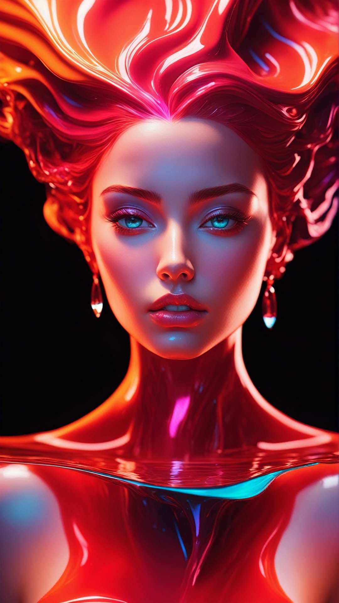 ultra detailed artistic abstract photography of liquid lust, detailed captivating eyes on molten statue, asymmetrical, gooey liquid hair, color exploding lips, highly refractive skin, Digital painting, colorful, volumetric lighting, 8k, by Cyril Rolando, by artgerm, Trending on Artstation, 16k resolution, 300 dpi, 600 dpi, 4k, Contest winner, High definition, detailed, realistic, 8k uhd, high quality,  subsurface scattering, translucent skin, glow, bloom, Bioluminescent liquid, vibrant,Leonardo Style