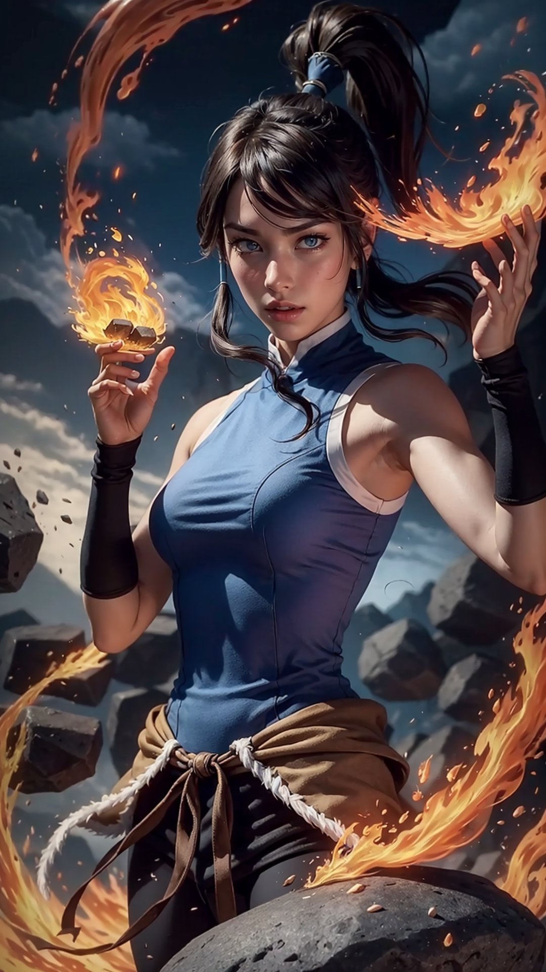 Cinematic, solo, 1girl, korra, dark skin, dark-skinned female, ponytail, hair tubes, sleeveless, bare shoulders, (levitating:1.4, floating rock:1.4), ((anger's fiery fury)), colorful_aura:1.5, energy_flowing, angry vibe, dynamic pose, upper_body, Epic zenith, fantasy theme, Depth of field, Film Still, pretopasin, abstract, traditional media, casting spell, NightmareFlame, oni style