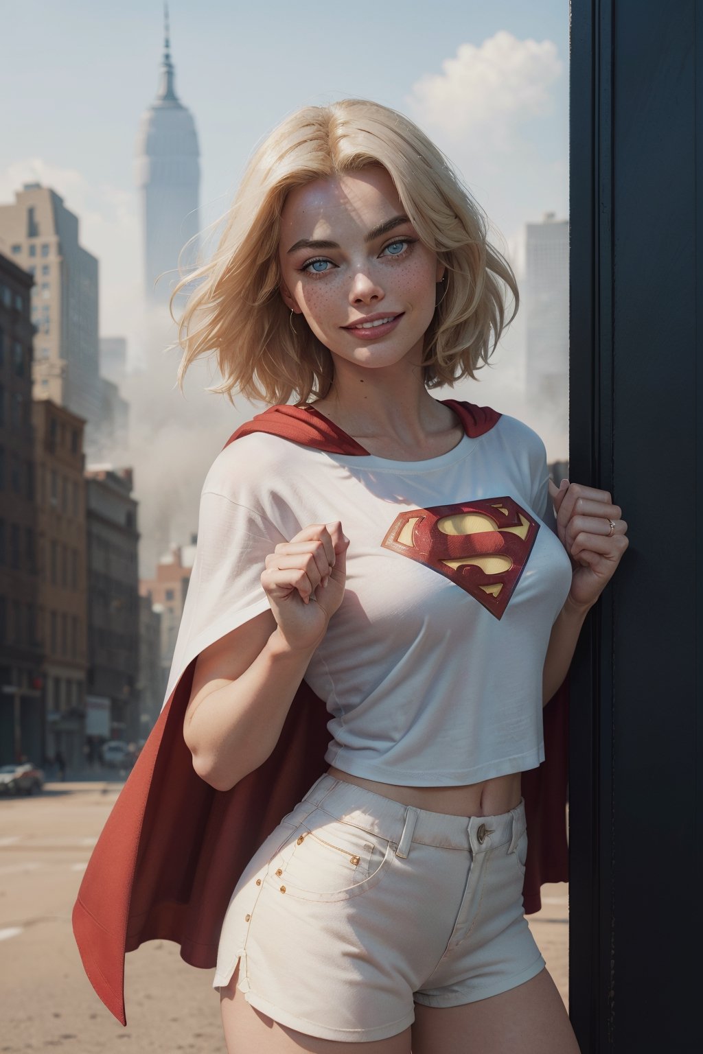 Margot Robbie: (masterpiece, best quality), 1girl, 18 year old, (caucasian), ((perfect lips)), ((perfect nose)), (((perfect fingers))), (((perfect eyes))), short blonde hair, (((slim))), skinny, tall, blue eyes, (smile), upper body, (freckes) (pale skin, soft skin, dirty skin, (wearing white t-shirt and the Superman logo, red cape, blue shorts), (small breasts:0.7), cameltoe,  (high res), (masterpiece:1,2) , (best quality), (beautiful blue sky background), (new york cityscape), (supermodel body),  absurdres, wind, fog, particles, DOF, fantasy setting, ultra high detailed photograph, super detailed beautiful face, ultrarealistic, ultra high detailed eyes, perfectly round iris, facing camera, look award winning photography, cinematic lighting, 32k, photorealism, UHD, eye - photo magazine, rule of thirds, monovisions, DOF, vogue, ultra detail, cinematic lighting, high contrast, high sharpness, tone mapping, retouched, ambient occlusion, octane render,Detailedface,Supergirl  