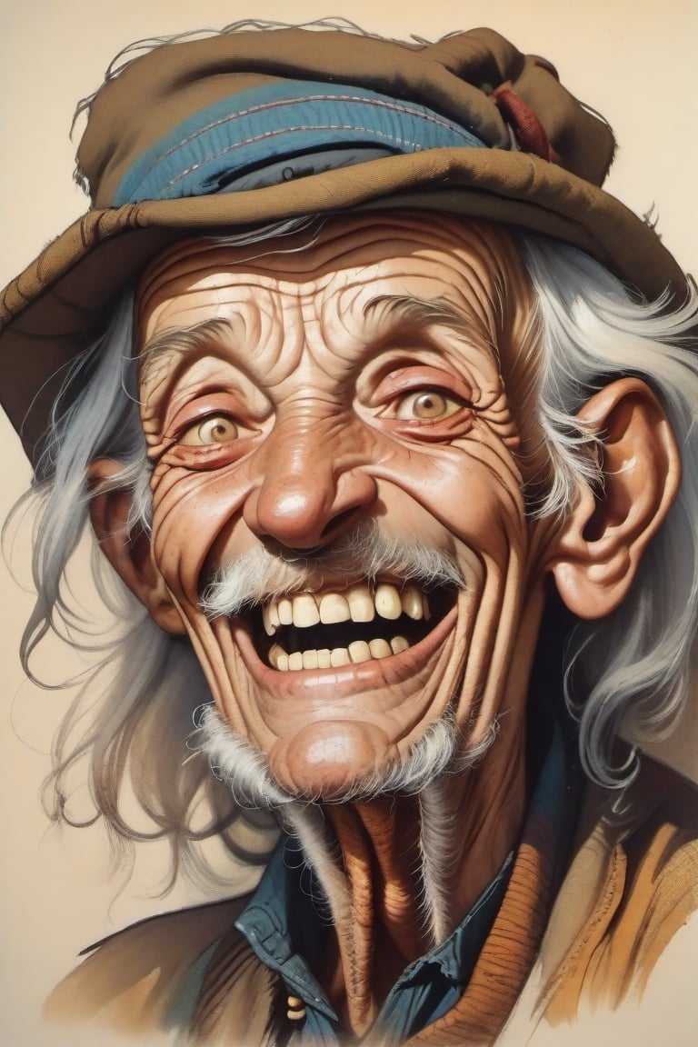style of Frank Brunner, extremely old beggar man laughing, missing some teeth, portrait in the style of frank brunner
