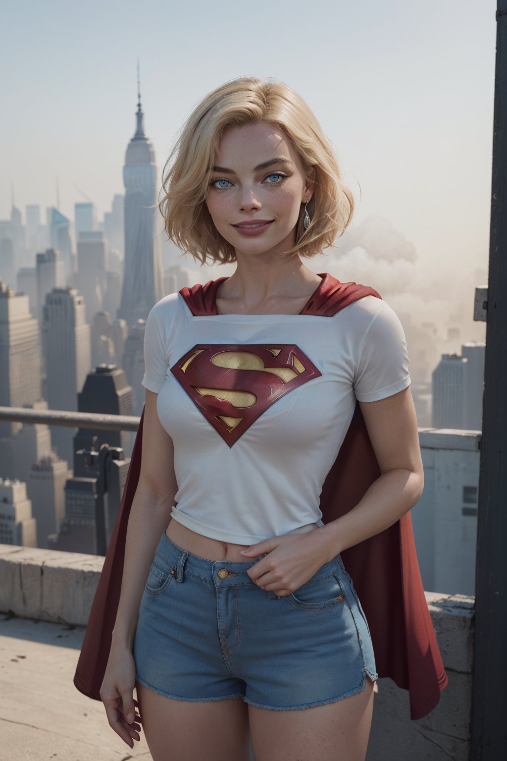 Margot Robbie: (masterpiece, best quality), 1girl, 18 year old, (caucasian), ((perfect lips)), ((perfect nose)), (((perfect fingers))), (((perfect eyes))), short blonde hair, (((slim))), skinny, tall, blue eyes, (smile), upper body, (freckes) (pale skin, soft skin, dirty skin, (wearing white t-shirt and the Superman logo, red cape, blue shorts), (small breasts:0.7), cameltoe,  (high res), (masterpiece:1,2) , (best quality), (beautiful blue sky background), (new york cityscape), (supermodel body),  absurdres, wind, fog, particles, DOF, fantasy setting, ultra high detailed photograph, super detailed beautiful face, ultrarealistic, ultra high detailed eyes, perfectly round iris, facing camera, look award winning photography, cinematic lighting, 32k, photorealism, UHD, eye - photo magazine, rule of thirds, monovisions, DOF, vogue, ultra detail, cinematic lighting, high contrast, high sharpness, tone mapping, retouched, ambient occlusion, octane render,Detailedface,Supergirl  