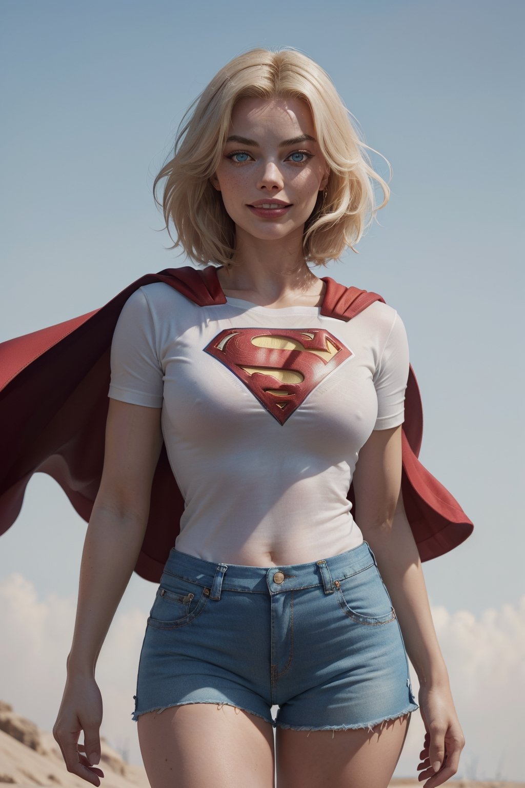 Margot Robbie: (masterpiece, best quality), 1girl, 18 year old, (caucasian), ((perfect lips)), ((perfect nose)), (((perfect fingers))), (((perfect eyes))), short blonde hair, (((slim))), skinny, tall, blue eyes, (smile), upper body, (freckes) (pale skin, soft skin, dirty skin, (wearing white t-shirt and the Superman logo, red cape, blue shorts), (small breasts:0.7), cameltoe,  (high res), (masterpiece:1,2) , (best quality), (beautiful blue sky background), (supermodel body),  absurdres, wind, fog, particles, DOF, fantasy setting, ultra high detailed photograph, super detailed beautiful face, ultrarealistic, ultra high detailed eyes, perfectly round iris, facing camera, look award winning photography, cinematic lighting, 32k, photorealism, UHD, eye - photo magazine, rule of thirds, monovisions, DOF, vogue, ultra detail, cinematic lighting, high contrast, high sharpness, tone mapping, retouched, ambient occlusion, octane render,Detailedface,Supergirl  