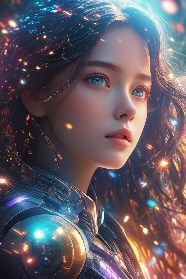 Dappled Light, photo portrait of a character, (Ultra realistic, High quality, Intricate, awesome ultra high resolution movie scene), ((Colorful, Ultra detailed female Artificial intelligence)),, colorful, realistic eyes, dreamy magical atmosphere, (skin texture), (film grain), (warm hue, warm tone),  cinematic light, side lighting,