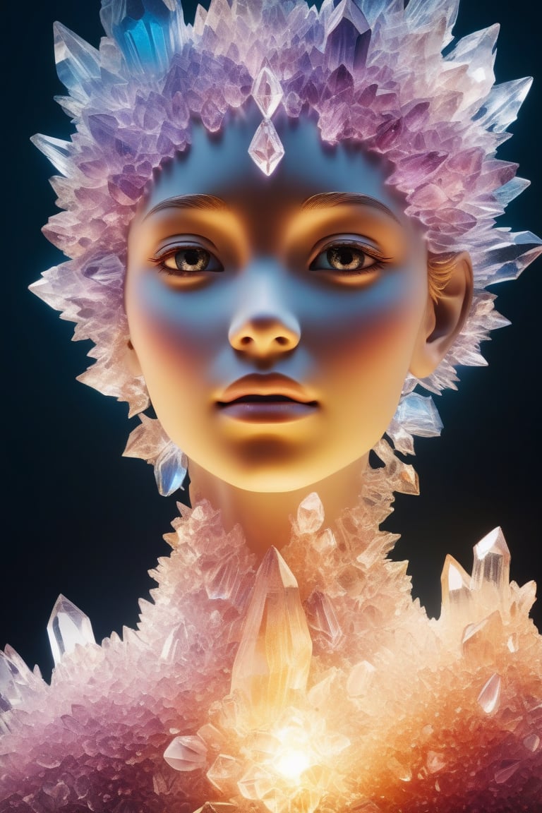 Colorful crystal cluster with light melding together to forming a human female face and chest, skin made out of crystal formations, living crystal. photo, studio lighting, Sony A7, 35mm, best quality, masterpiece, 8k, UHD, hyper-realistic, big depth of field, concept art, colors, hyperdetailed, hyperrealistic, (big depth of field), (ambient light), ((cinematic)),