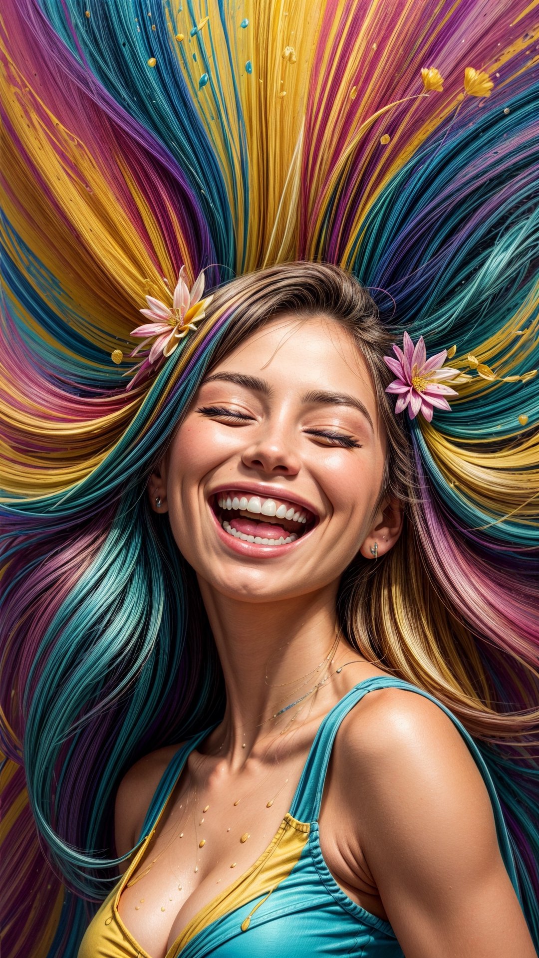 Abstract photo, upper body photo of 24 years old Victoria, abstract expressionism style, a happy woman surrounded by vibrant, swirling colors, radiant smile, eyes filled with joy and laughter, eyes closed, emotions splashed across the canvas, a burst of positivity and happiness, ,High detailed, Saturated colors,High detailed ,colorfulmix