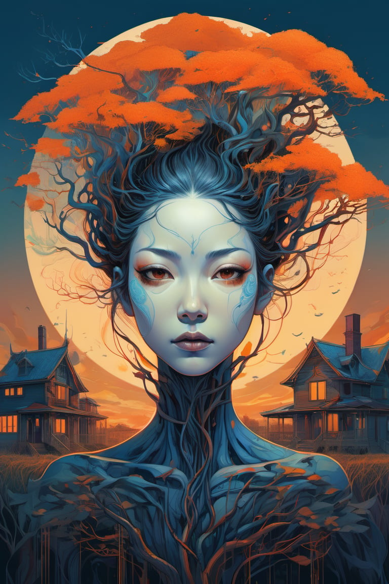 a colorful digital artwork of a woman's head and branches, in the style of haunting houses, graceful surrealism, depictions of urban life, dark sky-blue and orange, portraitures with hidden meanings, caricature-like illustrations, metropolis meets nature --ar --s 750 --niji 5 cat with a kung fuu stance in a field with sunsetin background infographic with illustrations,psychedelic, by victo ngai, kilian eng rainbow colours, dynamic lighting, digital art, winning award masterpiece, fantastically beautiful, illustration, aesthetically style of Stephan Martiniere, beksinski , trending on artstation, art by greg rutkowski, 8 k