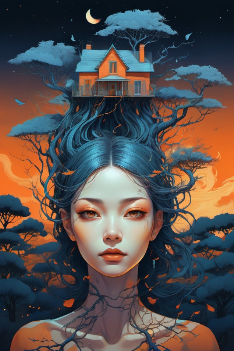 a colorful digital artwork of a woman's head and branches, in the style of haunting houses, graceful surrealism, depictions of urban life, dark sky-blue and orange, portraitures with hidden meanings, caricature-like illustrations, metropolis meets nature --ar --s 750 --niji 5 cat with a kung fuu stance in a field with sunsetin background infographic with illustrations,psychedelic, by victo ngai, kilian eng rainbow colours, dynamic lighting, digital art, winning award masterpiece, fantastically beautiful, illustration, aesthetically style of Stephan Martiniere, beksinski , trending on artstation, art by greg rutkowski, 8 k