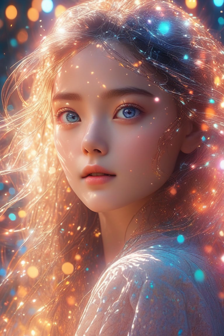 Dappled Light, photo portrait of a character, (Ultra realistic, High quality, Intricate, awesome ultra high resolution movie scene), ((Colorful, Ultra detailed female Artificial intelligence)),, colorful, realistic eyes, dreamy magical atmosphere, (skin texture), (film grain), (warm hue, warm tone),  cinematic light, side lighting,